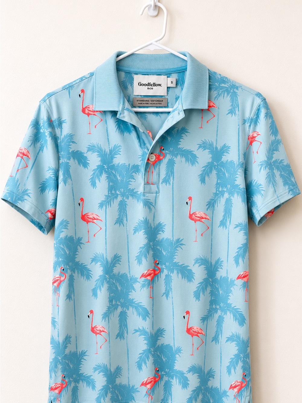 Goodfellow & Co Light Blue Polo with Pink Flamingo & Palm Print
